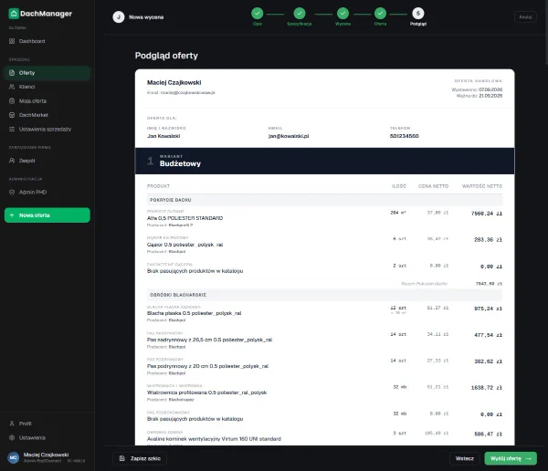 Podgląd oferty w DachManager